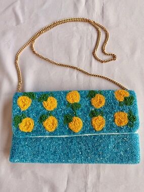 Beaded Yellow Lemon and Aqua Blue and Cotton Clutch with Gold Chain Strap